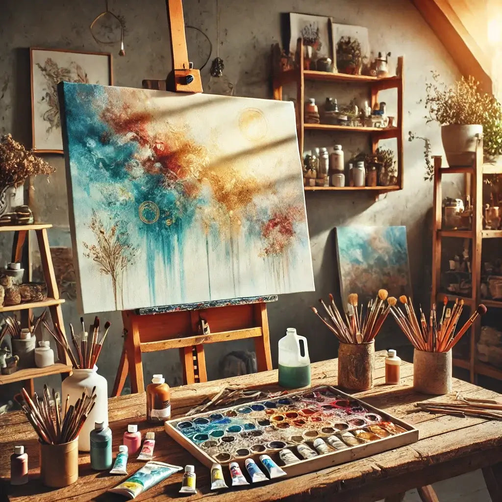 Hand-painted abstract artwork on easel in an artist's studio with painting supplies and brushes, showcasing unique artistic creativity.