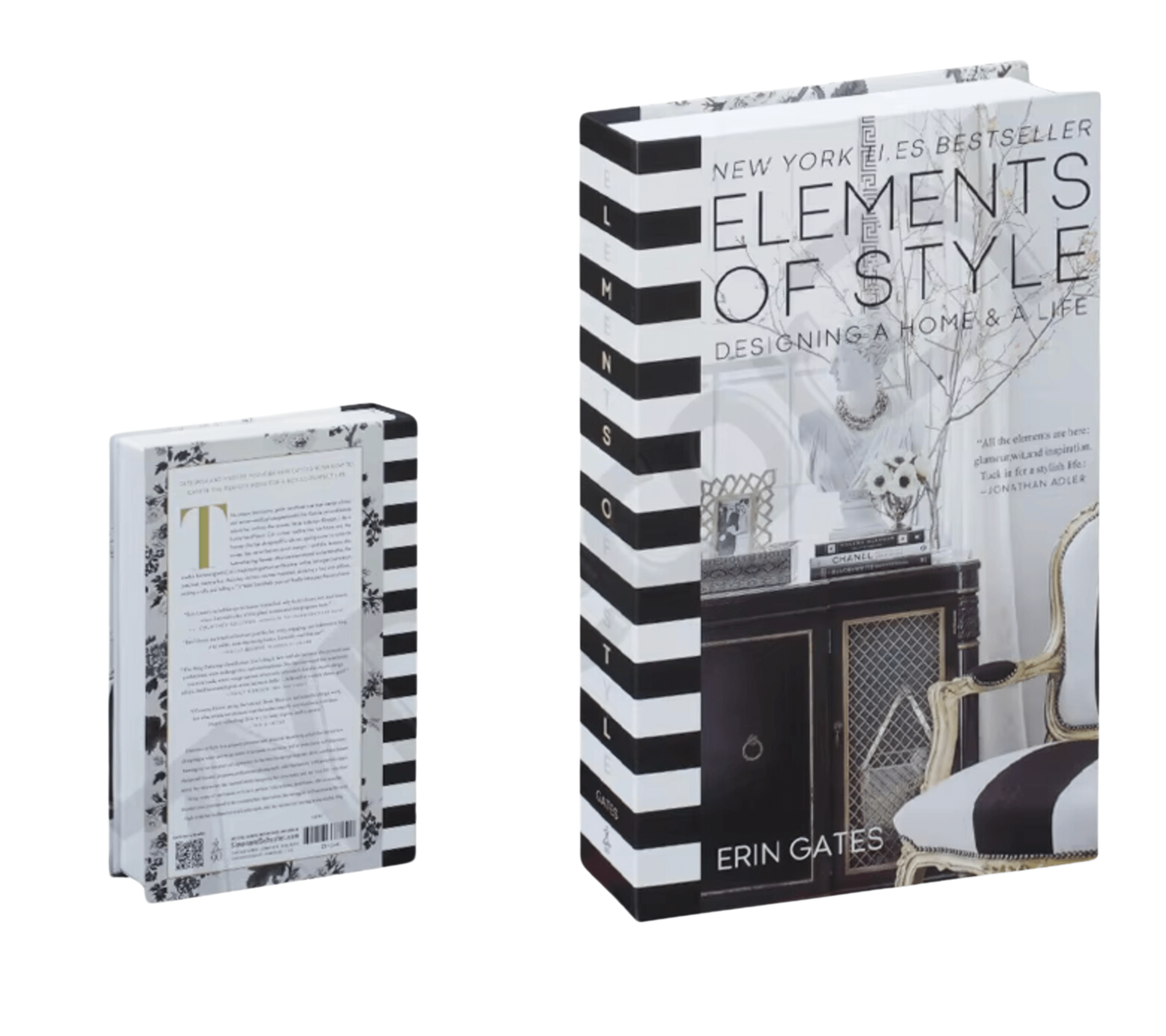 Decorative book set for home decor, featuring "Elements of Style" by Erin Gates with stylish black and white cover design.