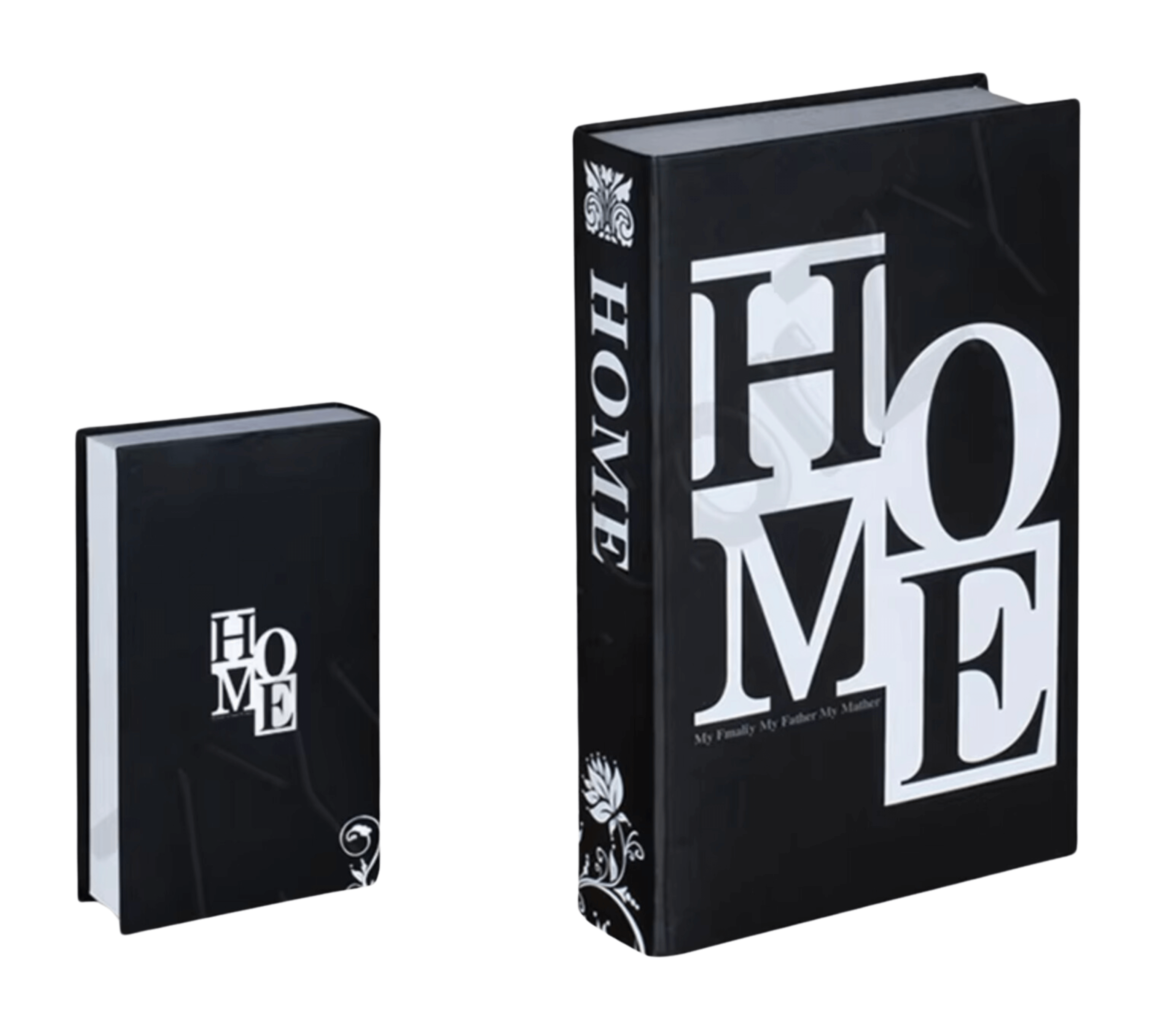 Decorative black books with bold 'HOME' text, ideal for stylish home decor accents.
