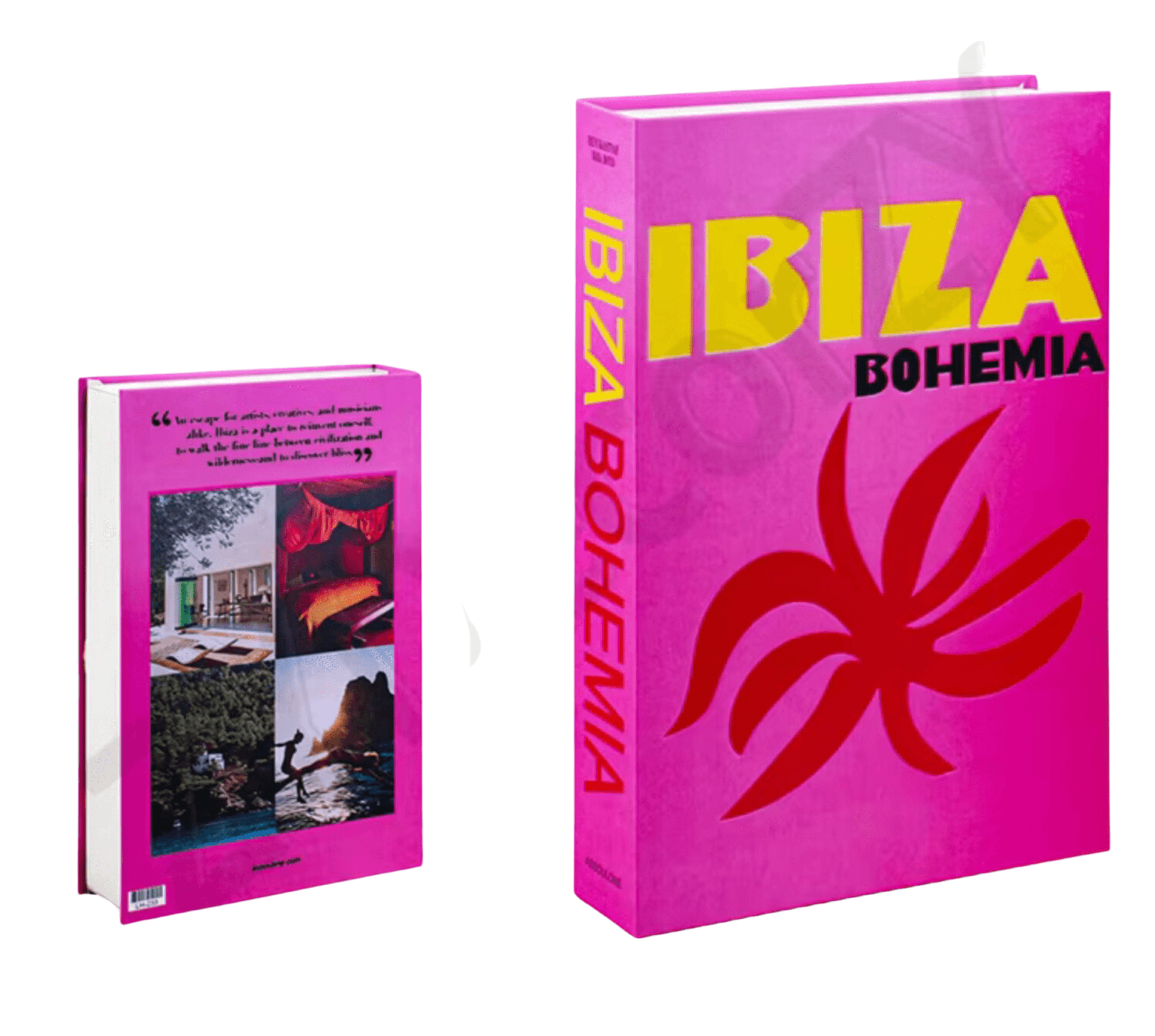 Decorative books with vibrant pink cover featuring 'Ibiza Bohemia,' perfect for adding elegance and style to home decor.