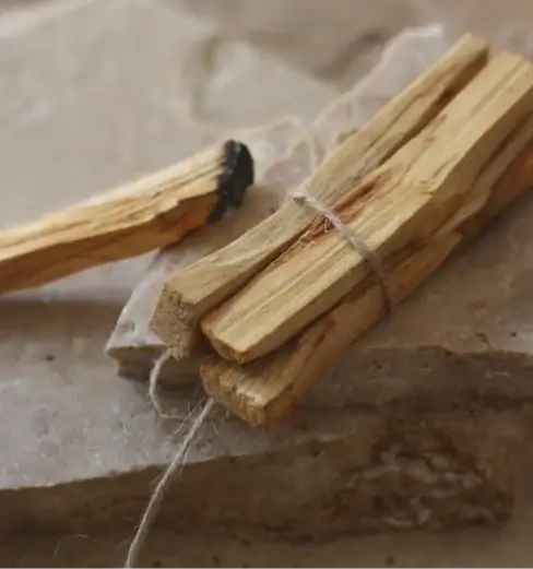 Bundle of Palo Santo sticks on stone surface for spiritual cleansing and harmony, emitting citrus-woody aroma, sustainably sourced in South America.