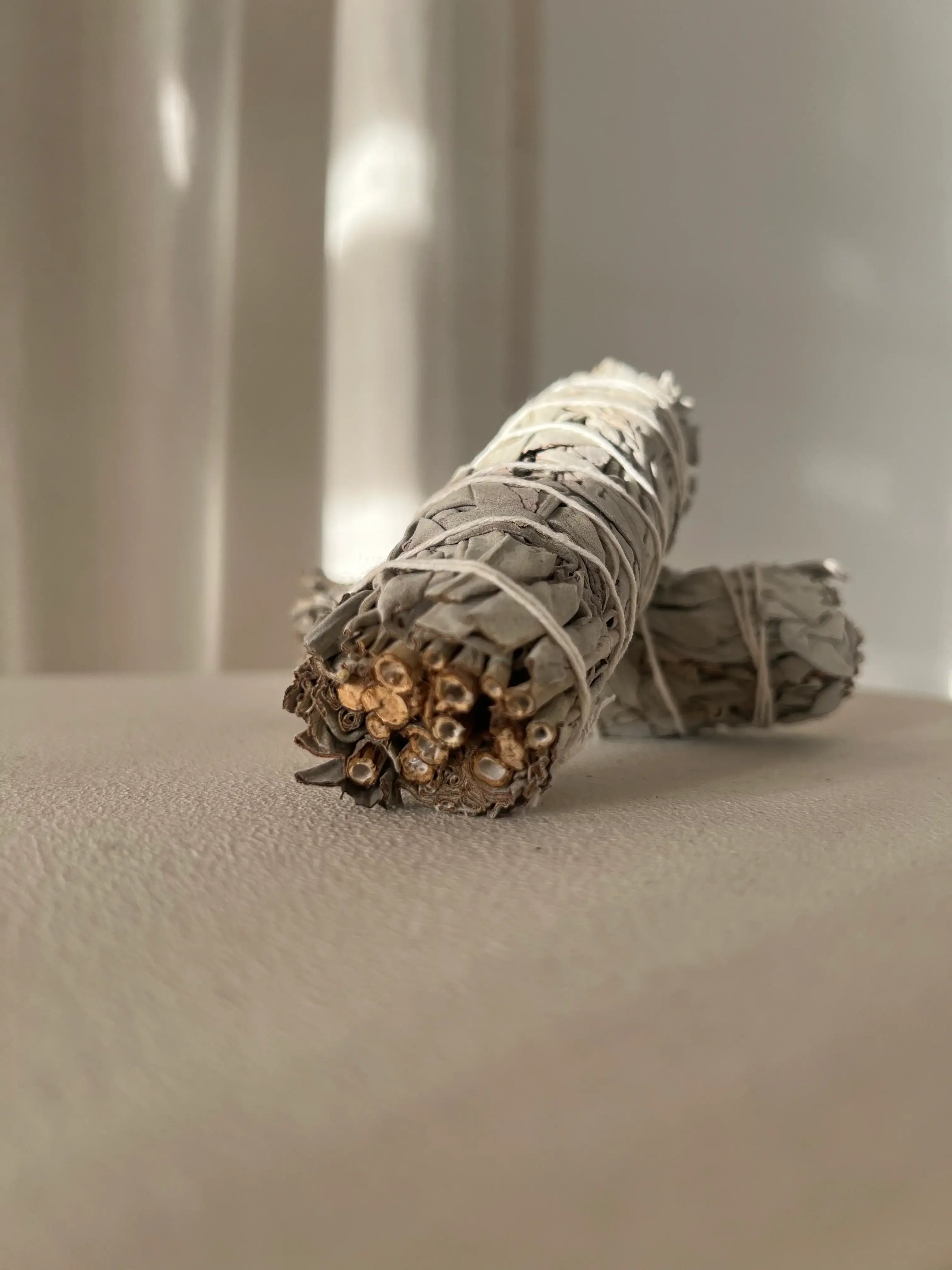White sage bundle for spiritual cleansing and clarity on a soft surface with sunlight.