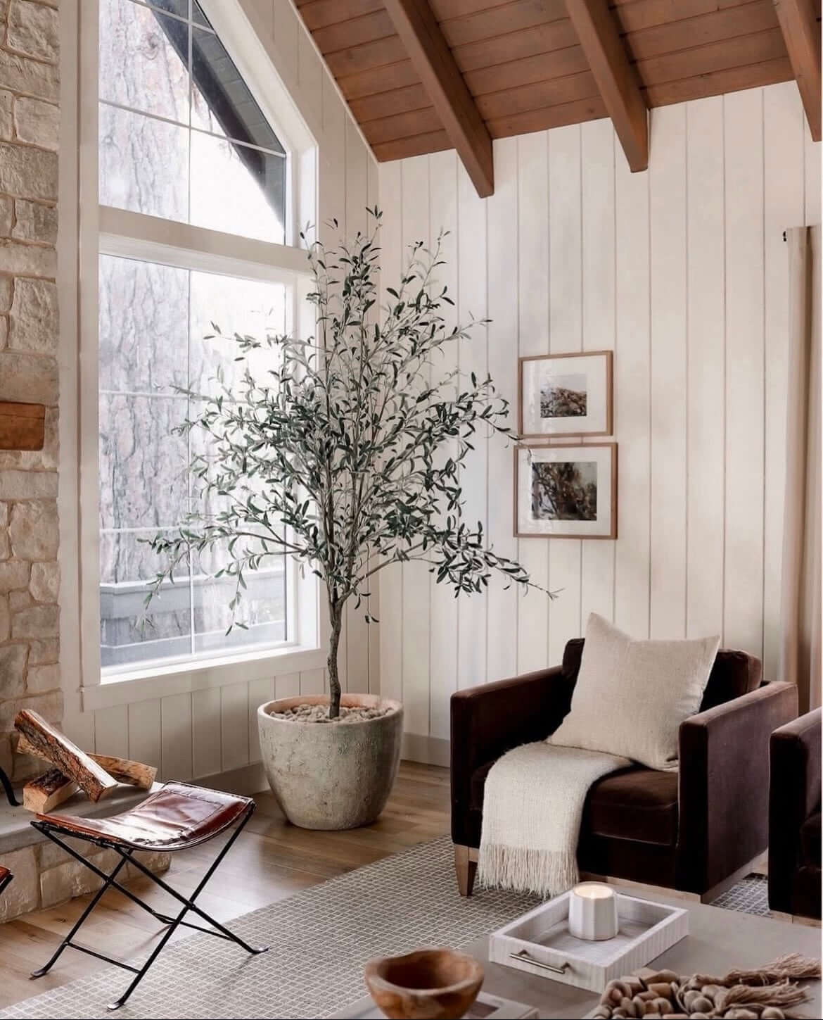 Künstlicher Olivenbaum in modernem Wohnzimmer, mediterranes Design ohne Pflegeaufwand, perfekte Einrichtung für jeden Raum.