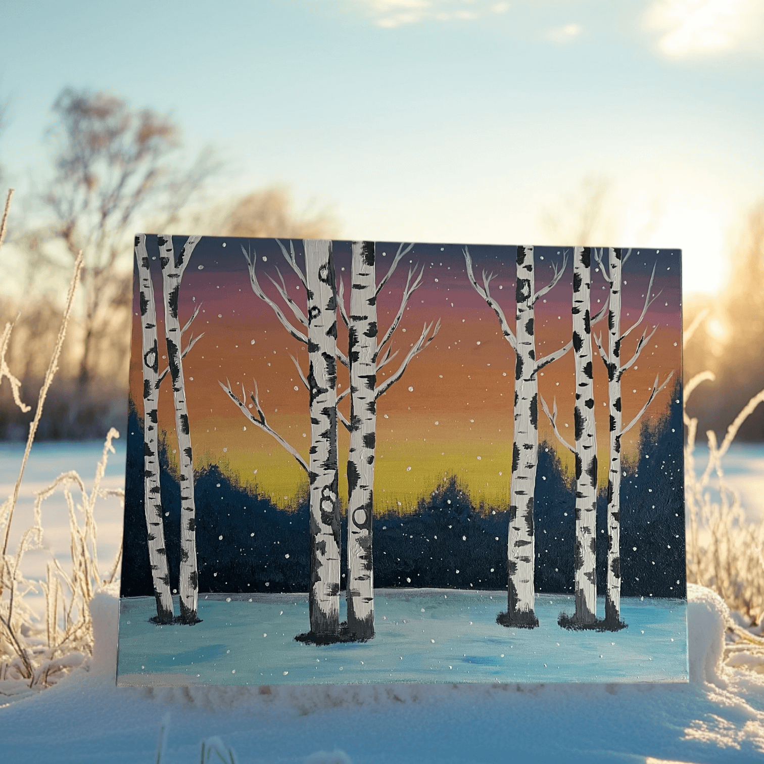 Winter landscape painting with birch trees, hand-painted on canvas, depicts a serene snow-covered forest at sunset.