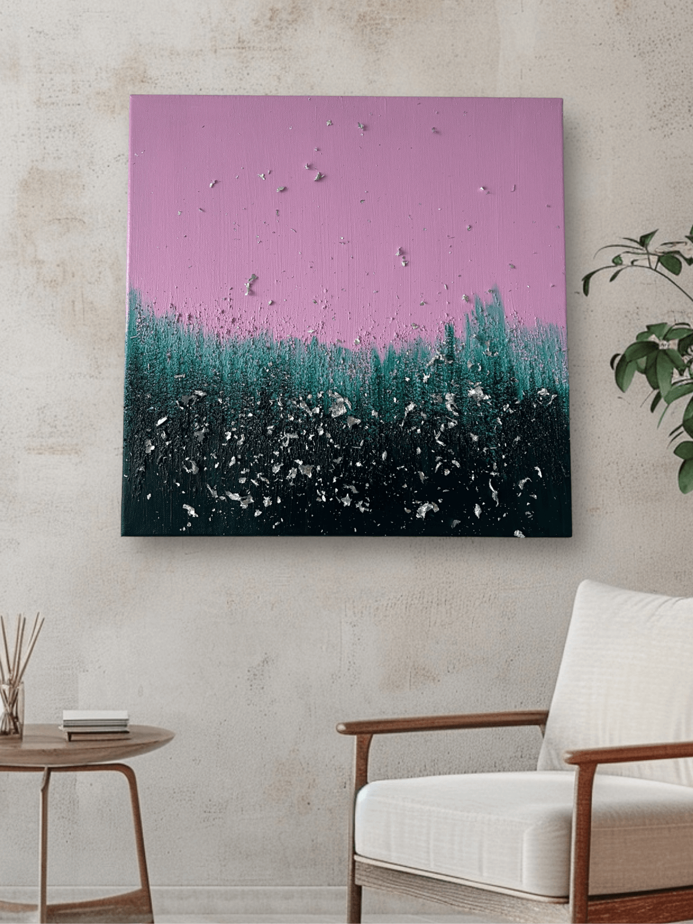Abstract forest acrylic painting with pink sky and green foliage, wall art in modern living room setting.
