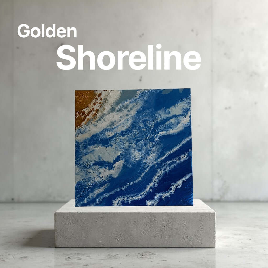 Hand-painted acrylic artwork 'Golden Shoreline' showing ocean waves and sand on a 40x40 cm canvas.