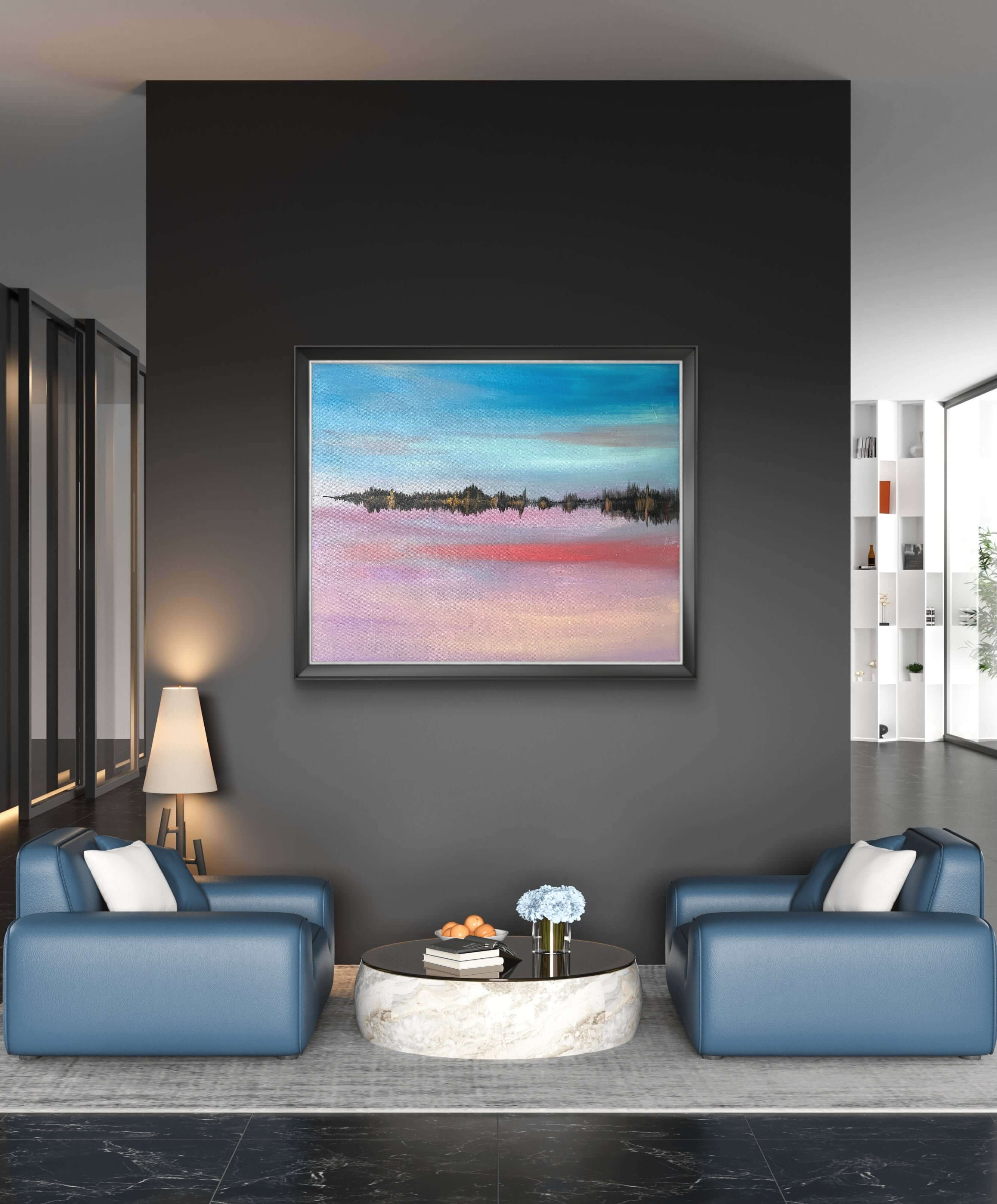 Acrylic painting 'Spiegel der Stille' depicting a serene sky and water reflection, hanging in a modern living room.