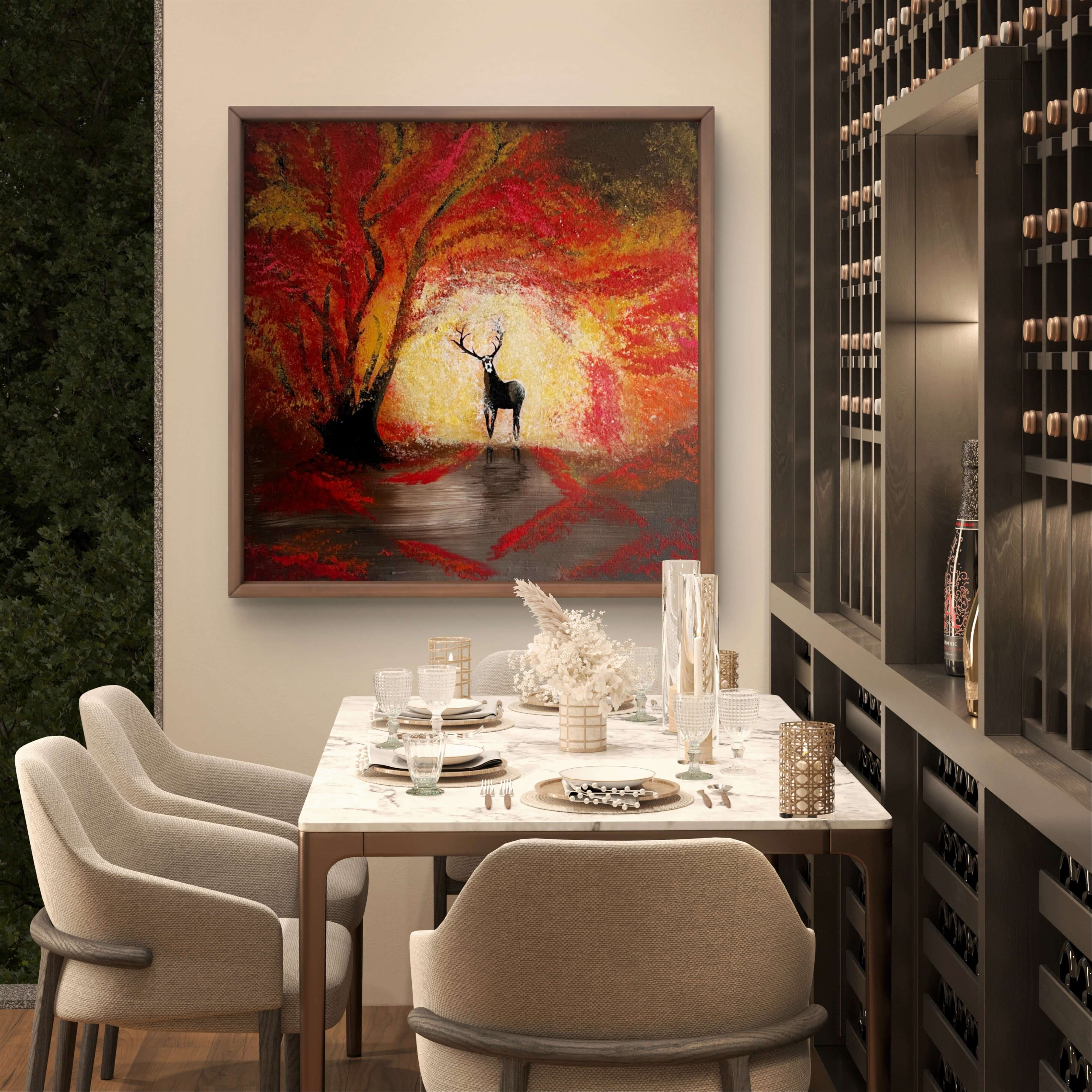 Hand-painted acrylic painting, 'Hirsch im Herbst', depicting a majestic deer in autumn scenery, hung in an elegant dining room.