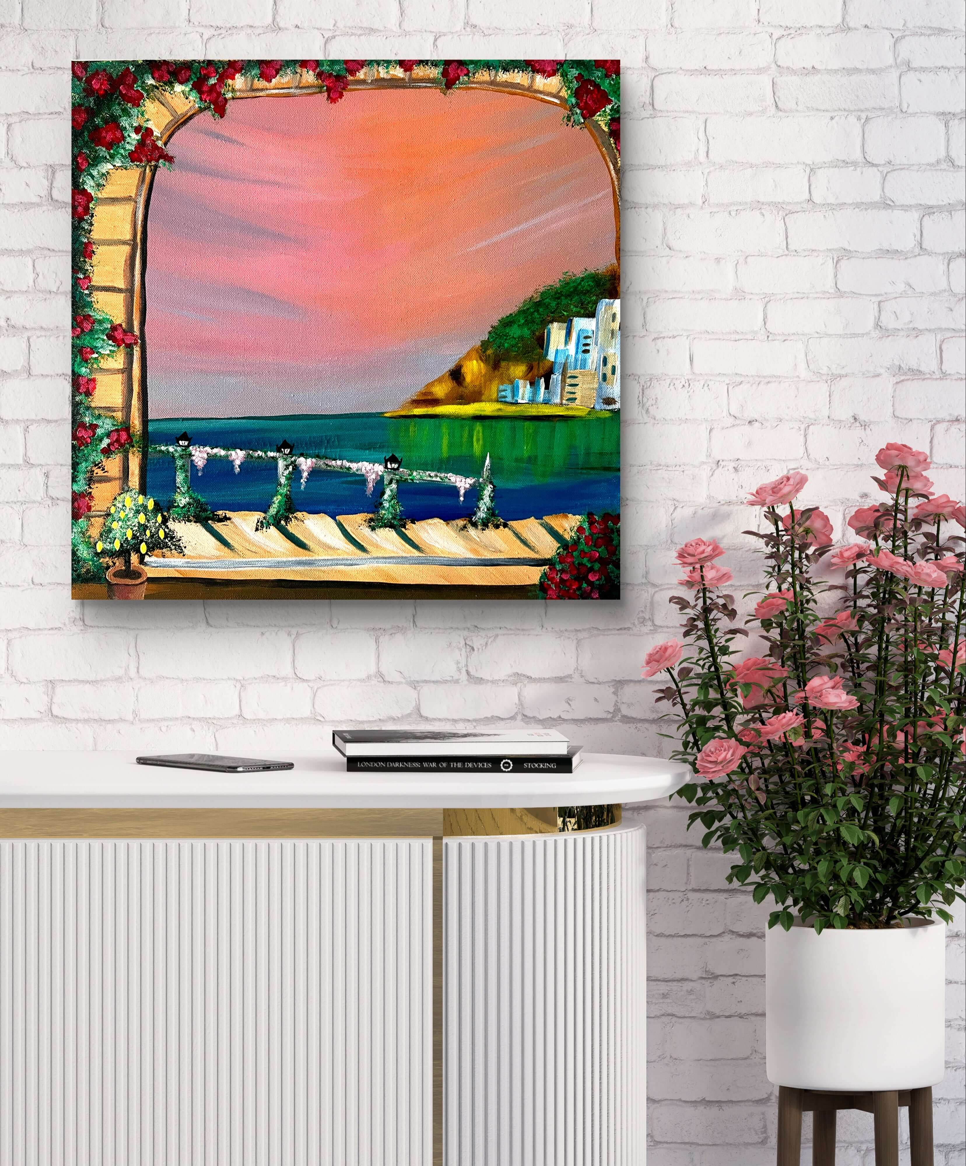 Hand-painted acrylic art depicting a Mediterranean arch with roses, sea view, and sunset, enhancing a modern interior setting.