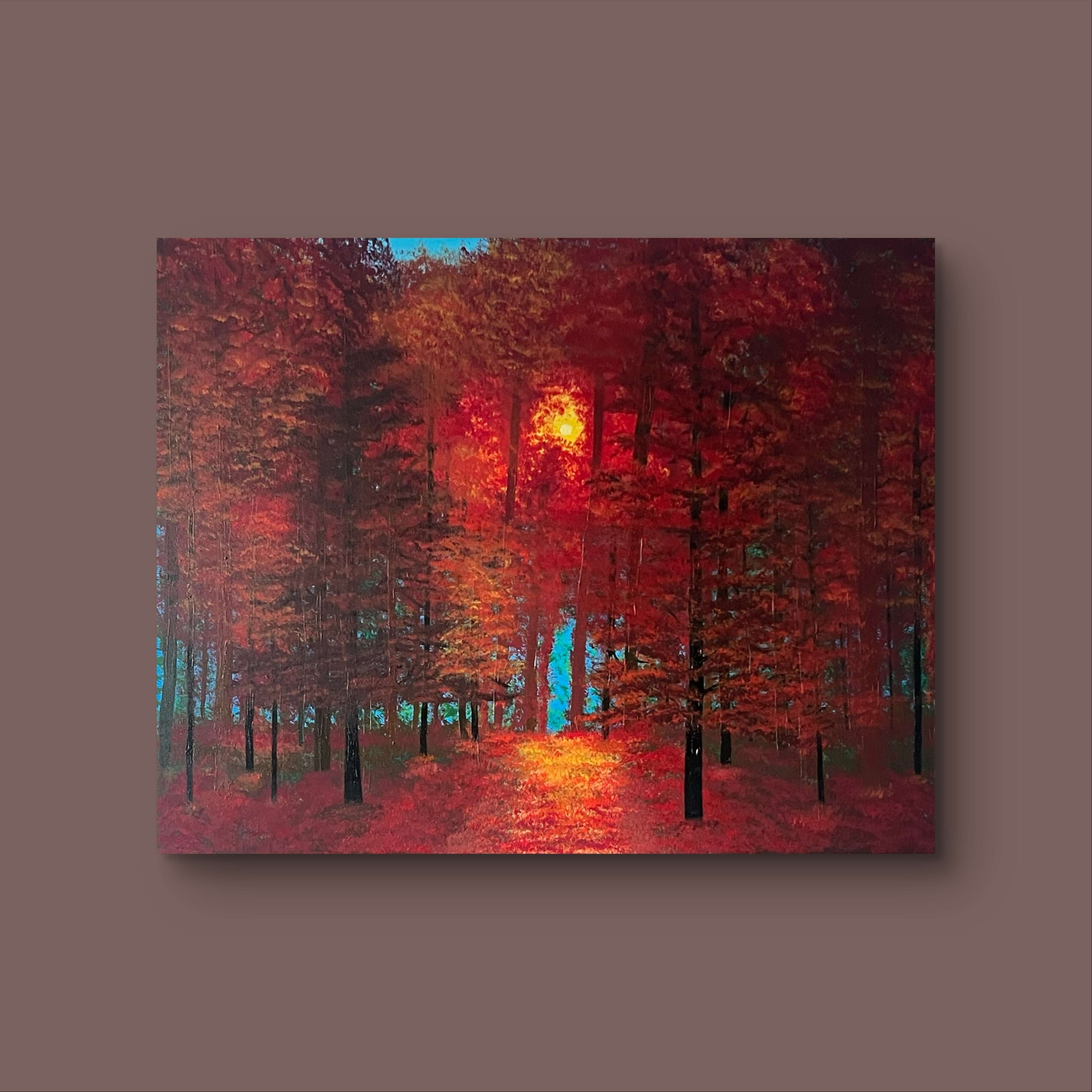 "Herbstlicht im Wald" handgemaltes Acrylbild in Erdtönen, herbstlicher Wald mit leuchtendem Sonnenlicht, 80x100cm Kunstwerk
