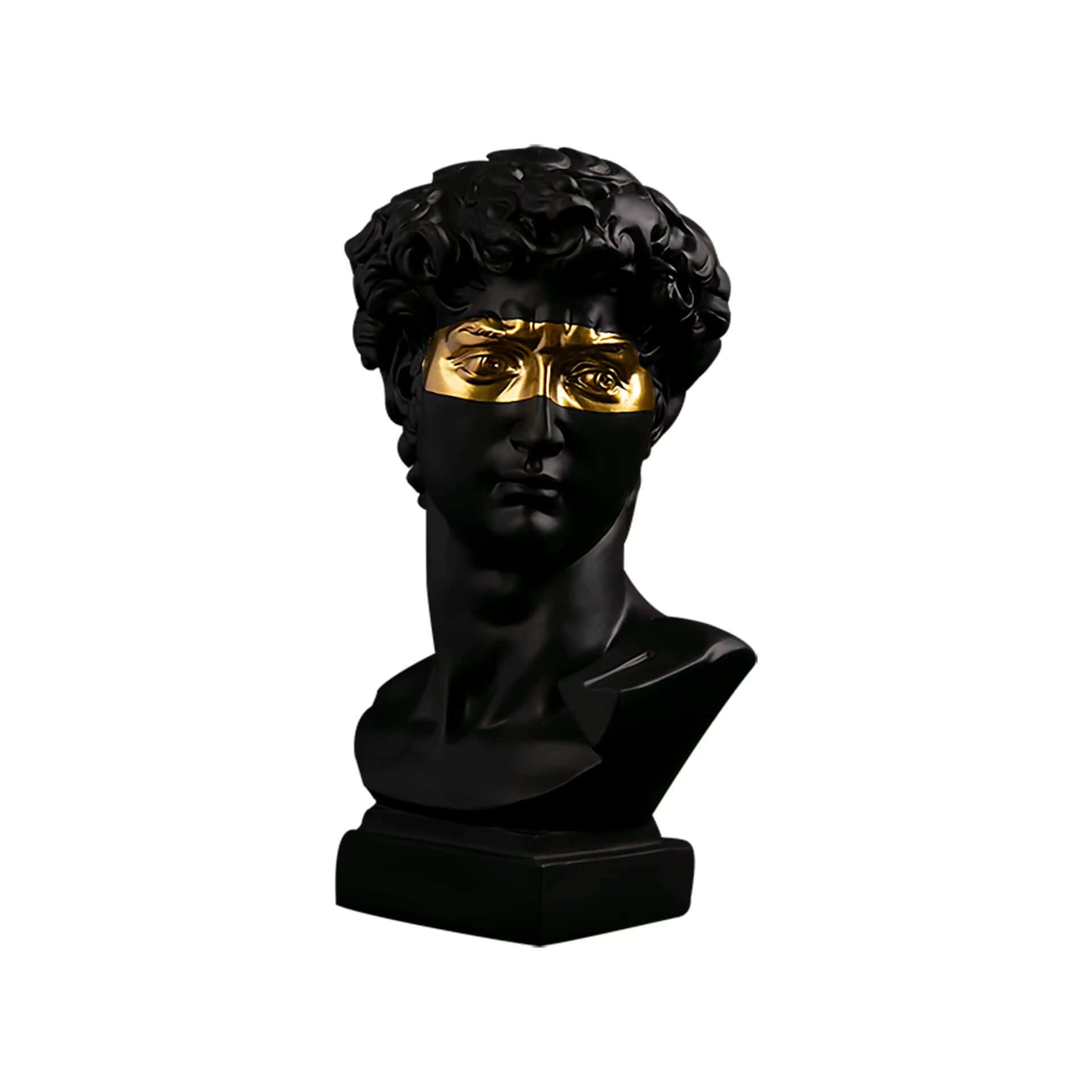 Modern black and gold David bust sculpture, blending Renaissance art with contemporary design.